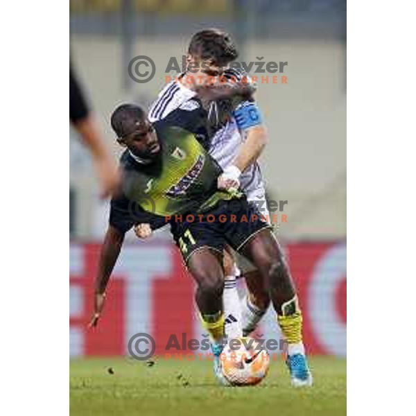 Blaz Vrhovec in action during Prva liga Telemach 2023/2024 football match between Radomlje and Maribor in Domzale, Slovenia on December 11, 2023