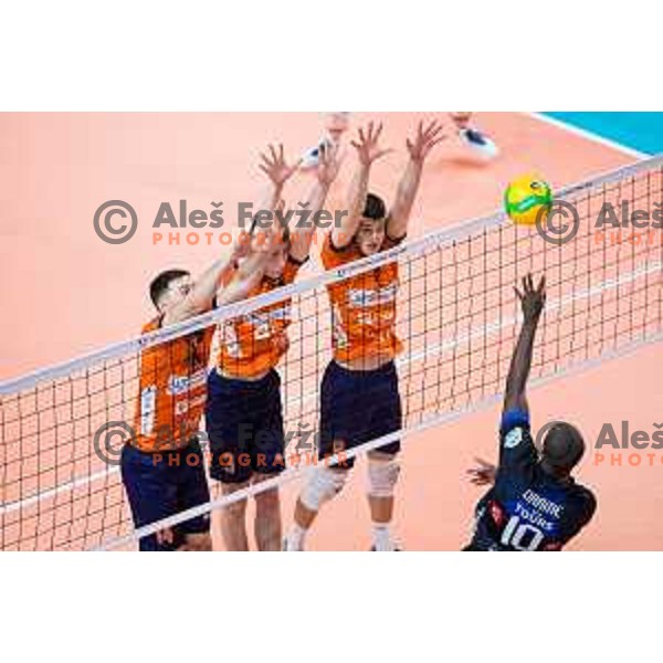 Nikola Gjorgiev of ACH Volley, Jost Krzic of ACH Volley, Luka Marovt of ACH Volley in action during CEV Champions League Volley 2024 Volleyball match between ACH Volley (SLO) and Tours Volleyball (FRA) in Tivoli Hall, Ljubljana, Slovenia on December 13, 2023