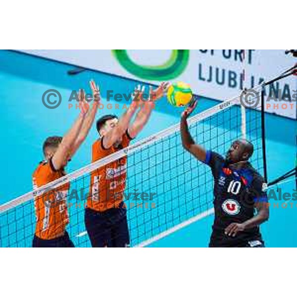 Matic Videcnik of ACH Volley, Nikola Gjorgiev of ACH Volley in action during CEV Champions League Volley 2024 Volleyball match between ACH Volley (SLO) and Tours Volleyball (FRA) in Tivoli Hall, Ljubljana, Slovenia on December 13, 2023