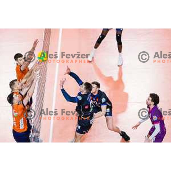 Nikola Gjorgiev of ACH Volley, Matic Videcnik of ACH Volley, Luka Marovt of ACH Volley in action during CEV Champions League Volley 2024 Volleyball match between ACH Volley (SLO) and Tours Volleyball (FRA) in Tivoli Hall, Ljubljana, Slovenia on December 13, 2023