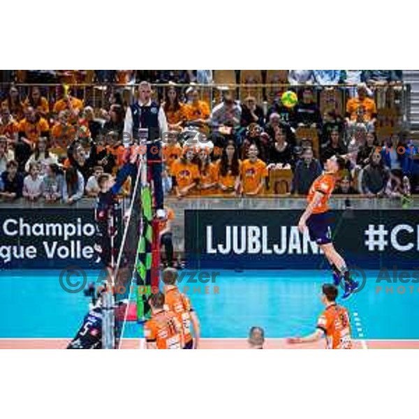 Nikola Gjorgiev of ACH Volley in action during CEV Champions League Volley 2024 Volleyball match between ACH Volley (SLO) and Tours Volleyball (FRA) in Tivoli Hall, Ljubljana, Slovenia on December 13, 2023