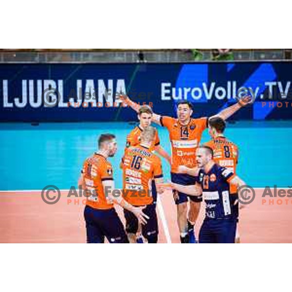 Nejc Najdic of ACH Volley, Nikola Gjorgiev of ACH Volley with teammates in action during CEV Champions League Volley 2024 Volleyball match between ACH Volley (SLO) and Tours Volleyball (FRA) in Tivoli Hall, Ljubljana, Slovenia on December 13, 2023