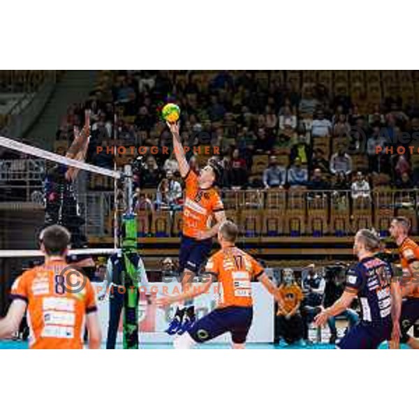 Nikola Gjorgiev of ACH Volley in action during CEV Champions League Volley 2024 Volleyball match between ACH Volley (SLO) and Tours Volleyball (FRA) in Tivoli Hall, Ljubljana, Slovenia on December 13, 2023