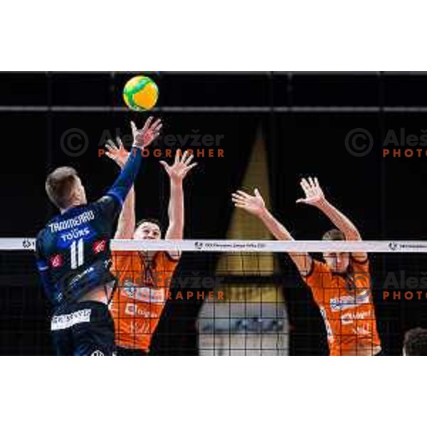 Nikola Gjorgiev of ACH Volley with Matic Videcnik of ACH Volley in action during CEV Champions League Volley 2024 Volleyball match between ACH Volley (SLO) and Tours Volleyball (FRA) in Tivoli Hall, Ljubljana, Slovenia on December 13, 2023