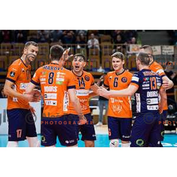 Nikola Gjorgiev of ACH Volley, Nejc Najdic of ACH Volley with teammates in action during CEV Champions League Volley 2024 Volleyball match between ACH Volley (SLO) and Tours Volleyball (FRA) in Tivoli Hall, Ljubljana, Slovenia on December 13, 2023