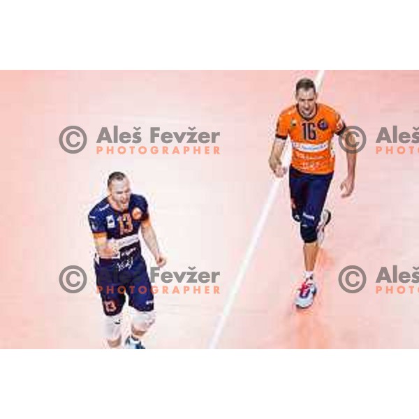 Jani Kovacic of ACH Volley, Jan Pokersnik of ACH Volley in action during CEV Champions League Volley 2024 Volleyball match between ACH Volley (SLO) and Tours Volleyball (FRA) in Tivoli Hall, Ljubljana, Slovenia on December 13, 2023