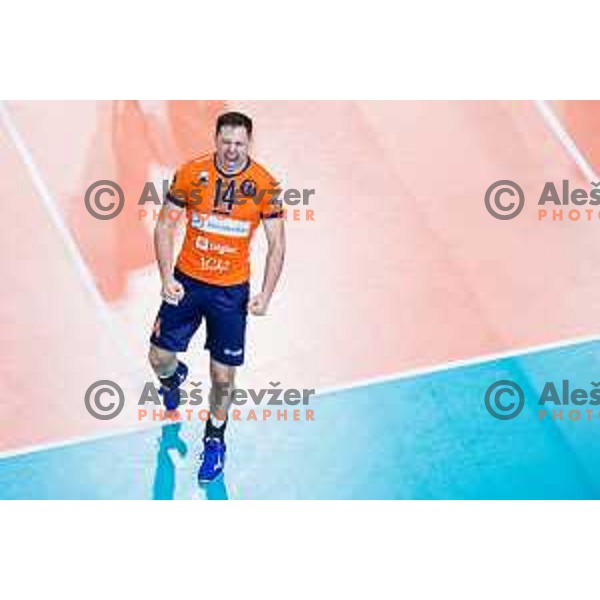 Nikola Gjorgiev of ACH Volley in action during CEV Champions League Volley 2024 Volleyball match between ACH Volley (SLO) and Tours Volleyball (FRA) in Tivoli Hall, Ljubljana, Slovenia on December 13, 2023