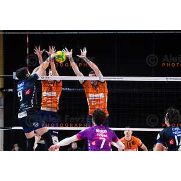 Nejc Najdic of ACH Volley, Danijel Koncilja of ACH Volley in action during CEV Champions League Volley 2024 Volleyball match between ACH Volley (SLO) and Tours Volleyball (FRA) in Tivoli Hall, Ljubljana, Slovenia on December 13, 2023