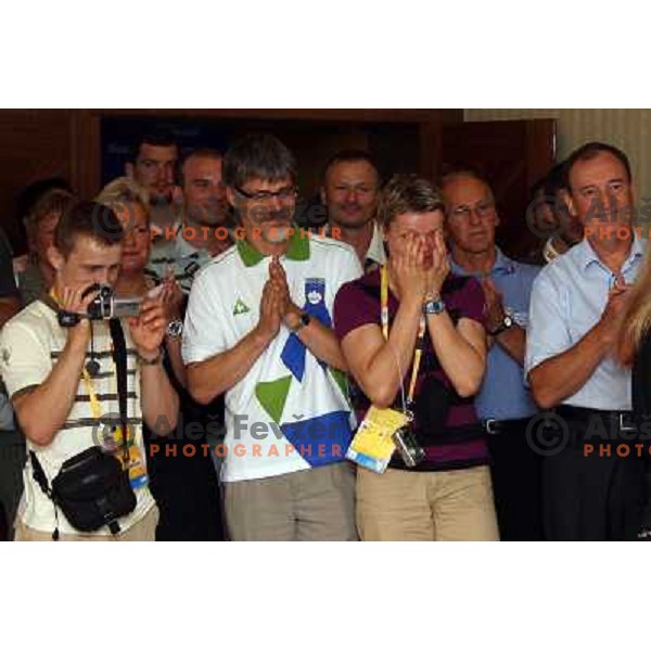 Urska Zolnir cying at the Reception in Slovenian house for Lucija Polavder who won bronze olympic medal in judo category +78 kg at olympic games in Beijing, China 15.8.2008 