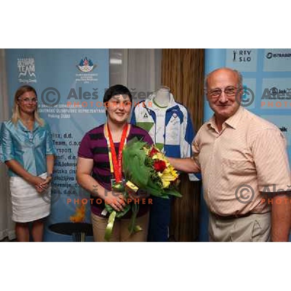 Polavder and Gabrovec at the Reception in Slovenian house for Lucija Polavder who won bronze olympic medal in judo category +78 kg at olympic games in Beijing, China 15.8.2008 