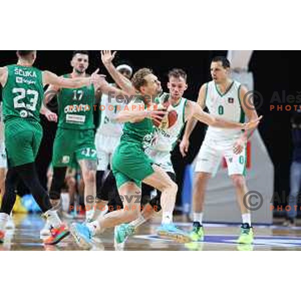 in action during ABA League 2023-2024 regular season basketball match between Cedevita Olimpija and Krka in Ljubljana, Slovenia on December 16, 2023