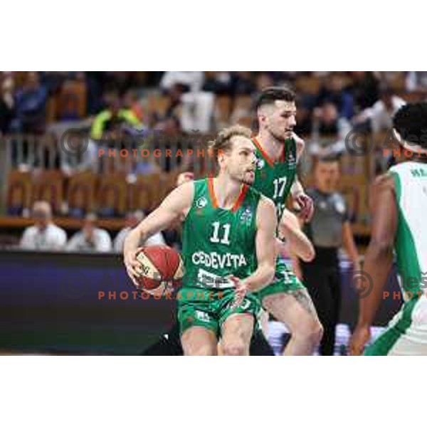 in action during ABA League 2023-2024 regular season basketball match between Cedevita Olimpija and Krka in Ljubljana, Slovenia on December 16, 2023