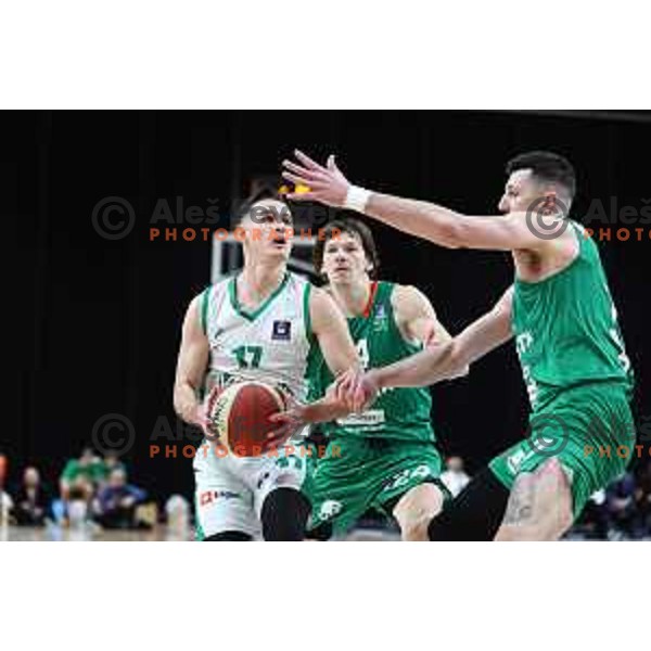 Jan Span of Krka and Karlo Matkovic in action during ABA League 2023-2024 regular season basketball match between Cedevita Olimpija and Krka in Ljubljana, Slovenia on December 16, 2023