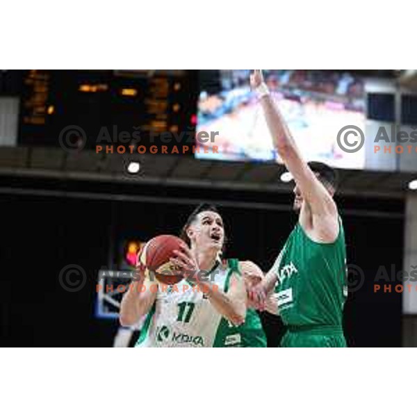 Jan Span of Krka and Karlo Matkovic in action during ABA League 2023-2024 regular season basketball match between Cedevita Olimpija and Krka in Ljubljana, Slovenia on December 16, 2023