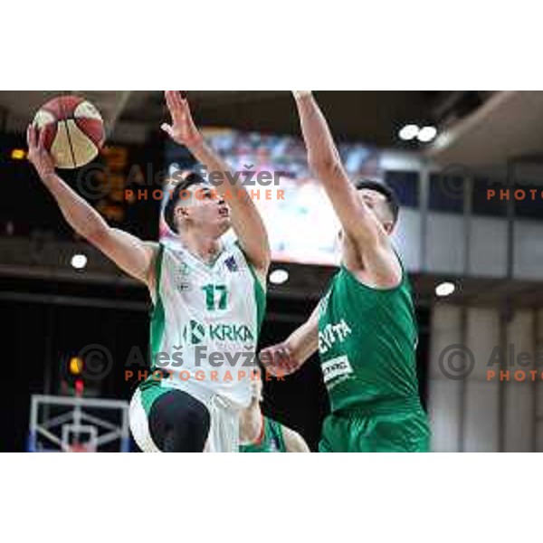 Jan Span of Krka and Karlo Matkovic in action during ABA League 2023-2024 regular season basketball match between Cedevita Olimpija and Krka in Ljubljana, Slovenia on December 16, 2023