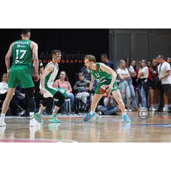 in action during ABA League 2023-2024 regular season basketball match between Cedevita Olimpija and Krka in Ljubljana, Slovenia on December 16, 2023