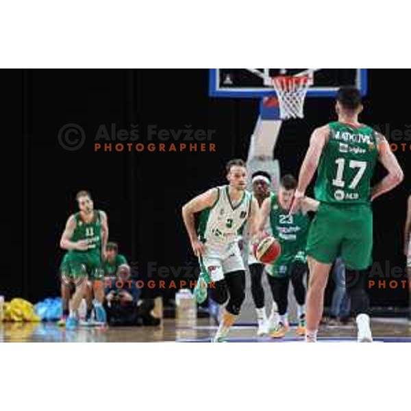 in action during ABA League 2023-2024 regular season basketball match between Cedevita Olimpija and Krka in Ljubljana, Slovenia on December 16, 2023