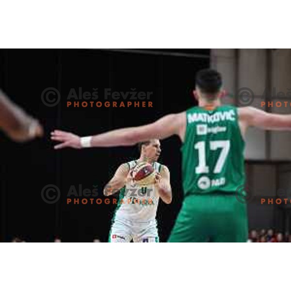 in action during ABA League 2023-2024 regular season basketball match between Cedevita Olimpija and Krka in Ljubljana, Slovenia on December 16, 2023