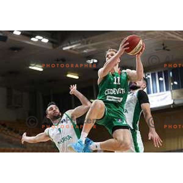 Niko Bacvic and Jaka Blazic in action during ABA League 2023-2024 regular season basketball match between Cedevita Olimpija and Krka in Ljubljana, Slovenia on December 16, 2023. Foto: Filip Barbalic