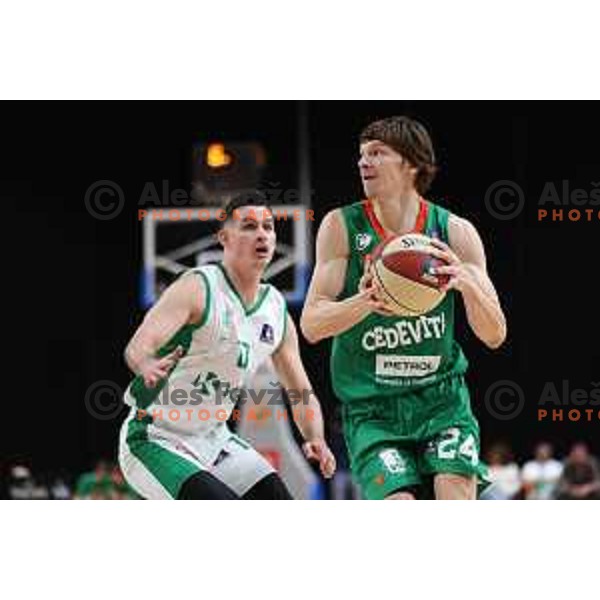 Jaka Klobucar in action during ABA League 2023-2024 regular season basketball match between Cedevita Olimpija and Krka in Ljubljana, Slovenia on December 16, 2023. Foto: Filip Barbalic