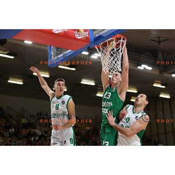 Luka Scuka in action during ABA League 2023-2024 regular season basketball match between Cedevita Olimpija and Krka in Ljubljana, Slovenia on December 16, 2023. Foto: Filip Barbalic