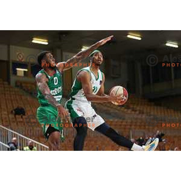 DJ Stewart and Isaiah Cousins in action during ABA League 2023-2024 regular season basketball match between Cedevita Olimpija and Krka in Ljubljana, Slovenia on December 16, 2023. Foto: Filip Barbalic