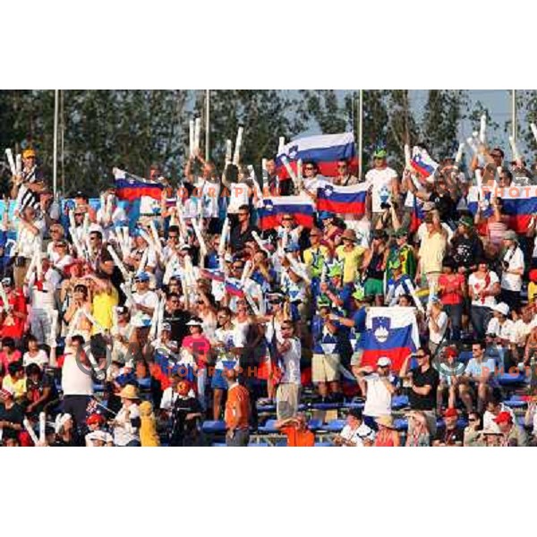 Slovenian fans cheering in the final of rowing at olympic games in Beijing, China 16.8.2008 