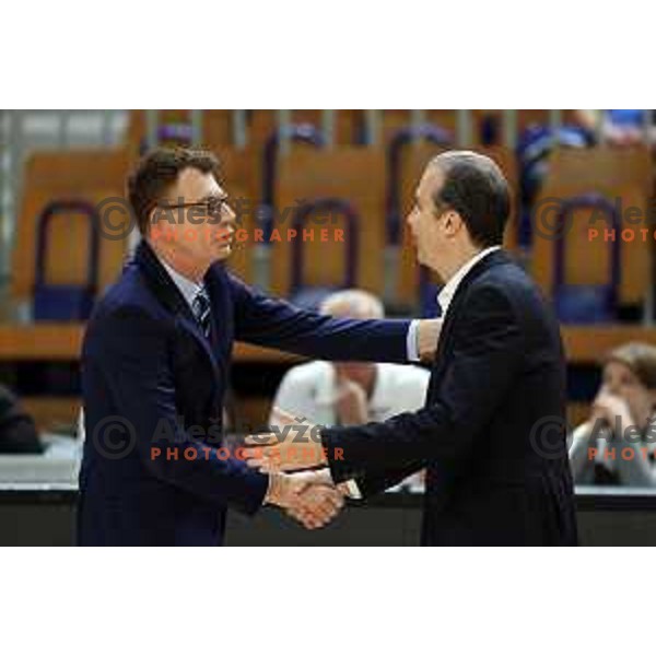 Gasper Okorn, head coach of Krka and Simone Pianigiani during ABA League 2023-2024 regular season basketball match between Cedevita Olimpija and Krka in Ljubljana, Slovenia on December 16, 2023