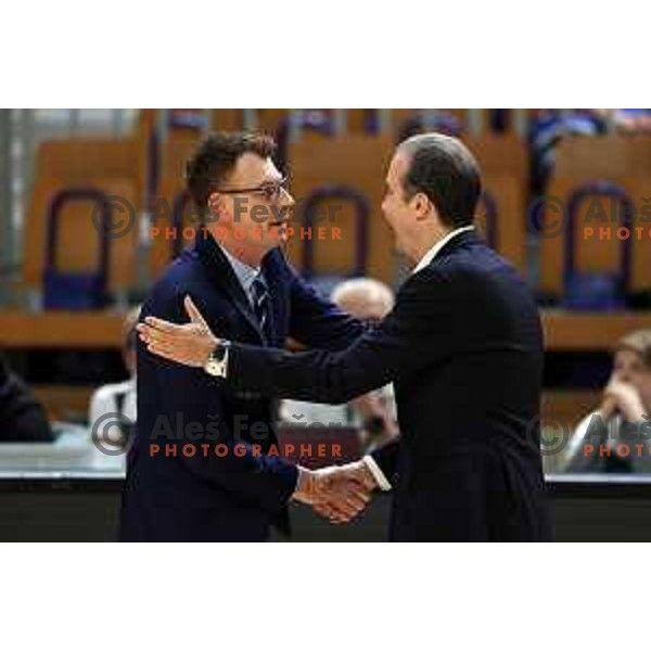 Gasper Okorn, head coach of Krka and Simone Pianigiani during ABA League 2023-2024 regular season basketball match between Cedevita Olimpija and Krka in Ljubljana, Slovenia on December 16, 2023