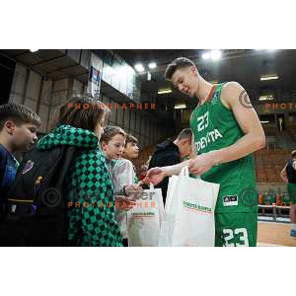 Luka Scuka in action during ABA League 2023-2024 regular season basketball match between Cedevita Olimpija and Krka in Ljubljana, Slovenia on December 16, 2023. Foto: Filip Barbalic