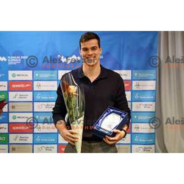 Peter John Stevens with trophy for Best Slovenian Swimmer of the year 2023 in Ljubljana, Slovenia on January 4, 2024