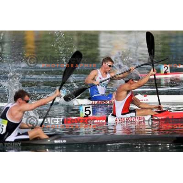 Adam Von Koeverden (CAN) paddling away from Jernej Regent Zupancic (SLO) in kayak flat water qualification K-1 1000 meters at Olympic games in Beijing, China 18.8.2008 