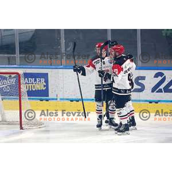 in action during the Slovenian Championships 2023/2024 ice-hockey match between SZ Olimpija and SIJ Acroni Jesenice in Ljubljana, Slovenia on January 30, 2024