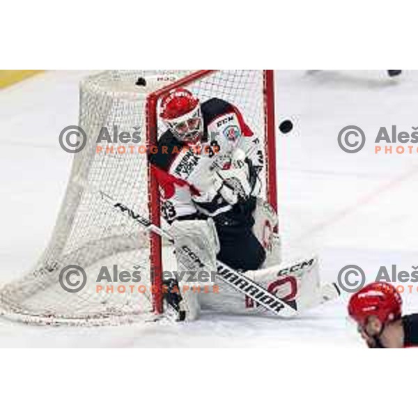 Zan Us in action during the Slovenian Championships 2023/2024 ice-hockey match between SZ Olimpija and SIJ Acroni Jesenice in Ljubljana, Slovenia on January 30, 2024 