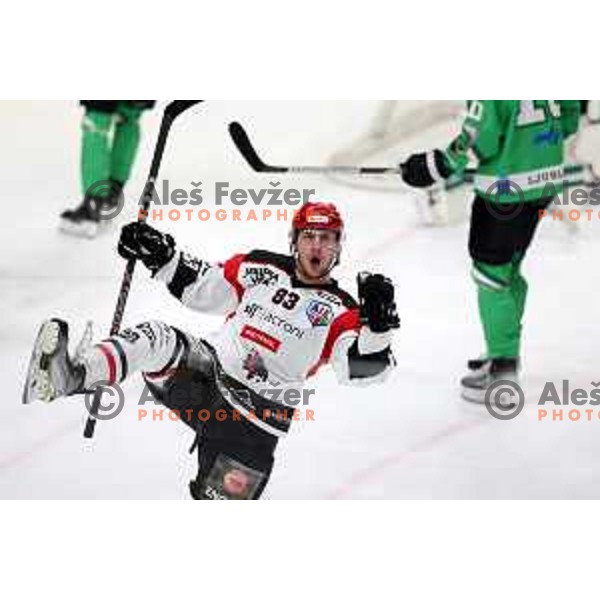 Lovro Kumanovic celebrates a goal during the Slovenian Championships 2023/2024 ice-hockey match between SZ Olimpija and SIJ Acroni Jesenice in Ljubljana, Slovenia on January 30, 2024 