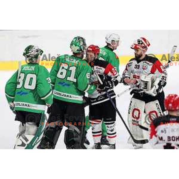 Lukas Horak and Zan Jezovsek during the Slovenian Championships 2023/2024 ice-hockey match between SZ Olimpija and SIJ Acroni Jesenice in Ljubljana, Slovenia on January 30, 2024 