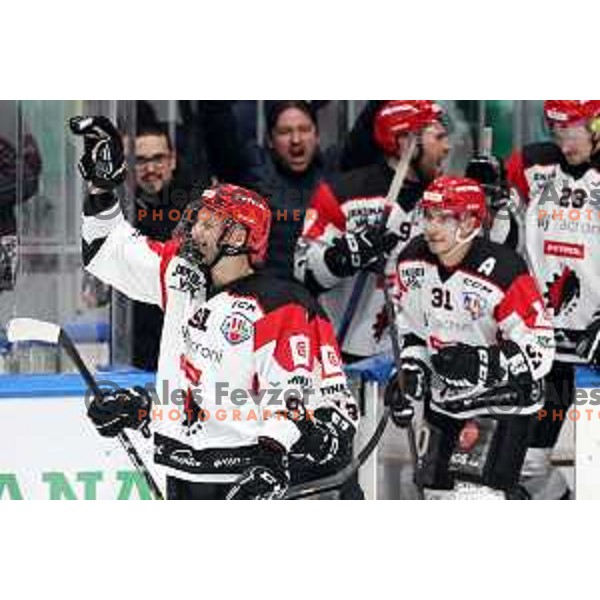 Tadej Cimzar and players of SIJ Acroni Jesenice celebrate victory at the Slovenian Championships 2023/2024 ice-hockey match between SZ Olimpija and SIJ Acroni Jesenice in Ljubljana, Slovenia on January 30, 2024