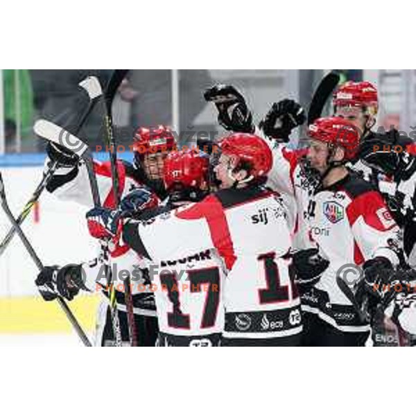 Players of SIJ Acroni Jesenice celebrate victory at the Slovenian Championships 2023/2024 ice-hockey match between SZ Olimpija and SIJ Acroni Jesenice in Ljubljana, Slovenia on January 30, 2024