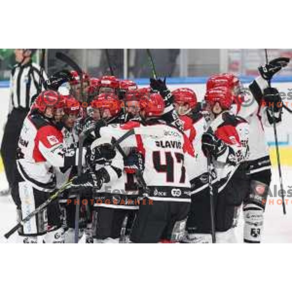 Players of SIJ Acroni Jesenice celebrate victory at the Slovenian Championships 2023/2024 ice-hockey match between SZ Olimpija and SIJ Acroni Jesenice in Ljubljana, Slovenia on January 30, 2024