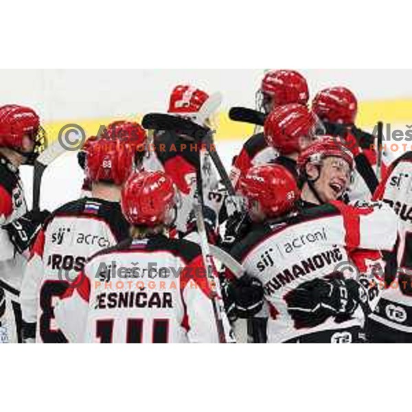 Players of SIJ Acroni Jesenice celebrate victory at the Slovenian Championships 2023/2024 ice-hockey match between SZ Olimpija and SIJ Acroni Jesenice in Ljubljana, Slovenia on January 30, 2024