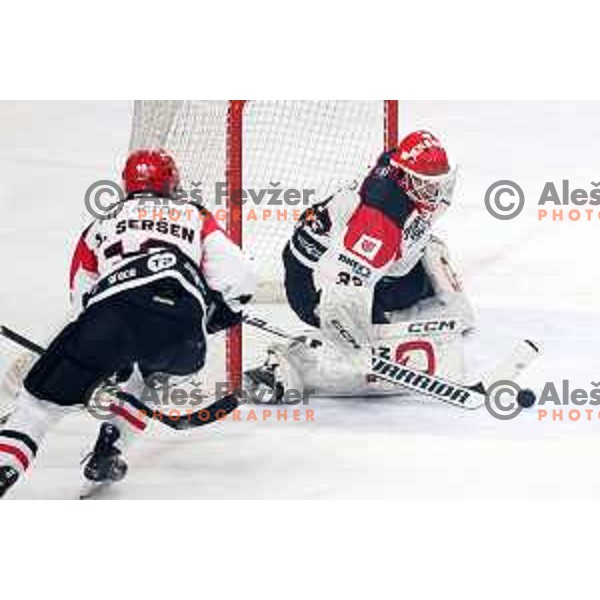 in action during the Slovenian Championships 2023/2024 ice-hockey match between SZ Olimpija and SIJ Acroni Jesenice in Ljubljana, Slovenia on January 30, 2024