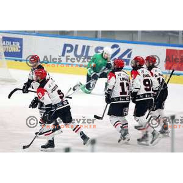 in action during the Slovenian Championships 2023/2024 ice-hockey match between SZ Olimpija and SIJ Acroni Jesenice in Ljubljana, Slovenia on January 30, 2024