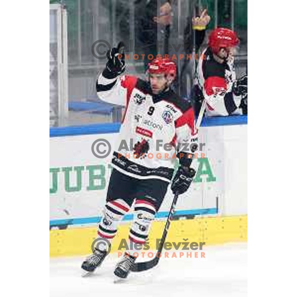 Zan Jezovsek in action during the Slovenian Championships 2023/2024 ice-hockey match between SZ Olimpija and SIJ Acroni Jesenice in Ljubljana, Slovenia on January 30, 2024