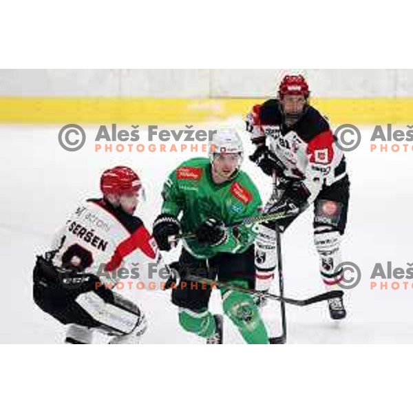 Maris Bicevskis in action during the Slovenian Championships 2023/2024 ice-hockey match between SZ Olimpija and SIJ Acroni Jesenice in Ljubljana, Slovenia on January 30, 2024