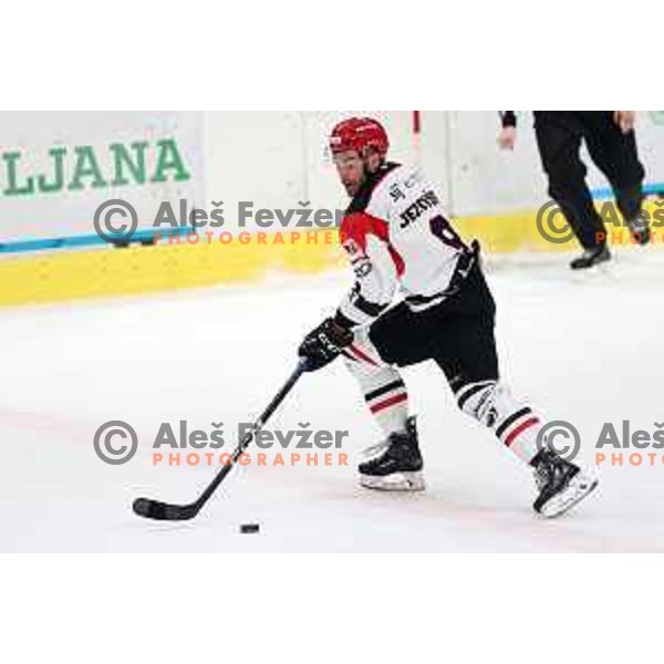 Zan Jezovsek in action during the Slovenian Championships 2023/2024 ice-hockey match between SZ Olimpija and SIJ Acroni Jesenice in Ljubljana, Slovenia on January 30, 2024