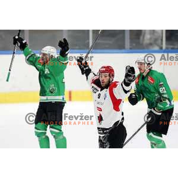 Zan Jezovsek in action during the Slovenian Championships 2023/2024 ice-hockey match between SZ Olimpija and SIJ Acroni Jesenice in Ljubljana, Slovenia on January 30, 2024