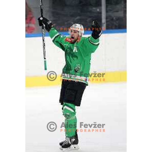 Ziga Pance in action during the Slovenian Championships 2023/2024 ice-hockey match between SZ Olimpija and SIJ Acroni Jesenice in Ljubljana, Slovenia on January 30, 2024