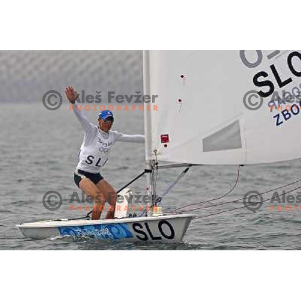 Vasilij Zbogar crossing the finish line and won olympic silver medal in laser at sailing ragatta in Qingdao during Olympic games in Beijing, China 19.8.2008 Photo by Ales Fevzer 