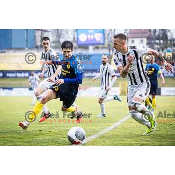 Egor Prutsev vs Timotej Brkic in action during Prva liga Telemach football match between Celje and Mura in Stadion Z’dezele, Celje, Slovenia on February 11, 2024. Photo: Jure Banfi