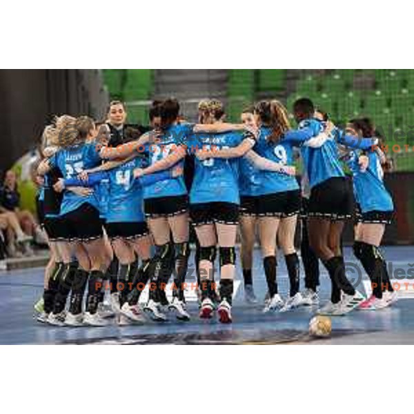 Players of Krim Mercator celebrate win after EHF Champions League Women handball match between Krim Mercator (SLO) and Zaglebie Lubin (POL) in Ljubljana, Slovenia on February 17, 2024. Foto: Filip Barbalic